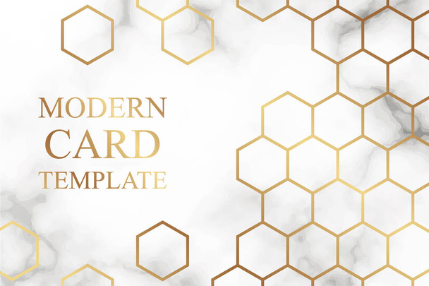 Plantilla de tarjeta de lujo geométrica moderna para negocios o presentación o saludo con panales dorados sobre un fondo de mármol blanco o nubes. - Vector, imagen