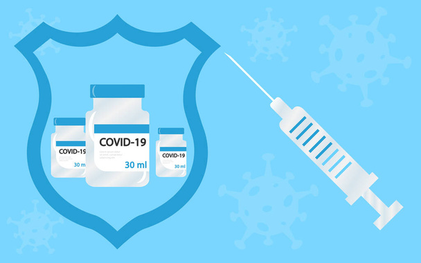 Ilustración vectorial de una vacuna contra el coronavirus y la jeringa, campaña de vacunación y tratamiento. Todos los elementos están aislados
. - Vector, Imagen