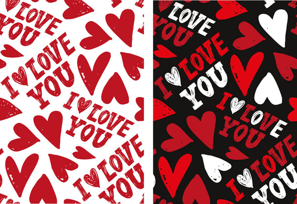 Leuke handgetekende krabbeltjes over liefde. Fijne Valentijnsdag. Ik hou van je, hart, patroon en achtergrond. - Vector, afbeelding