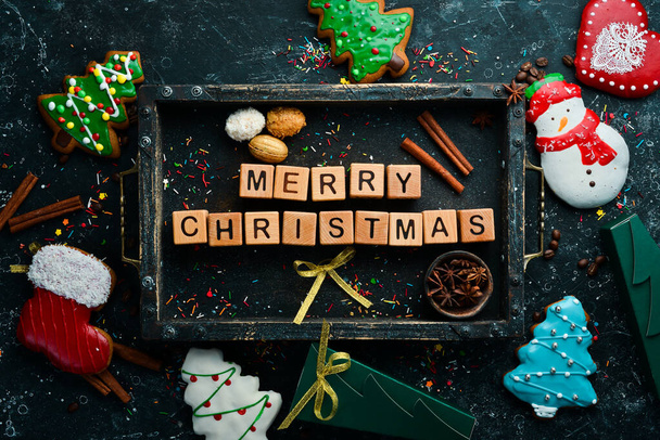 Merry Christmas. Sweets, gingerbread and candies. Banner. Top view. Sweet bar. - Fotó, kép