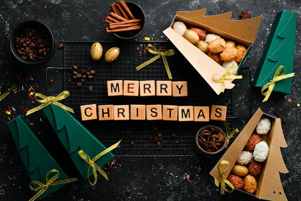 Merry Christmas. Sweets, gingerbread and candies. Banner. Top view. Sweet bar. - Fotografie, Obrázek