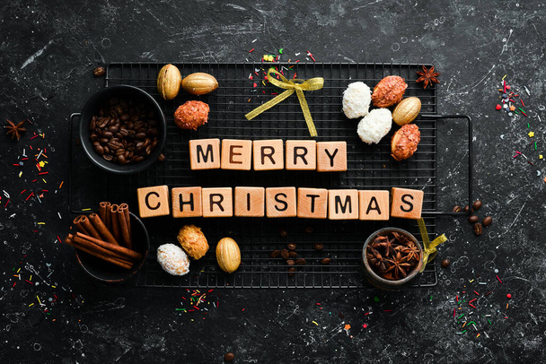 Merry Christmas. Sweets, gingerbread and candies. Banner. Top view. Sweet bar. - Foto, Imagen