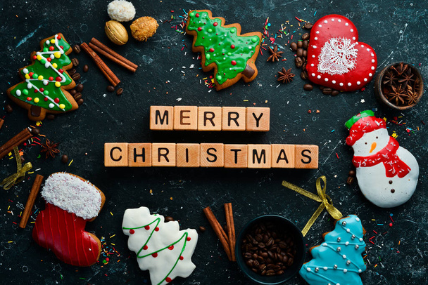 Merry Christmas. Sweets, gingerbread and candies. Banner. Top view. Sweet bar. - Foto, Imagem