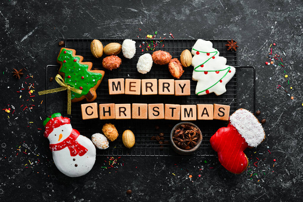 Merry Christmas. Sweets, gingerbread and candies. Banner. Top view. Sweet bar. - Фото, изображение