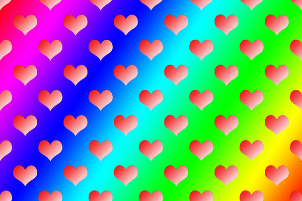 Arco-íris brilhante padrão sem costura de corações vermelhos em um fundo colorido do arco-íris. Antecedentes do Dia dos Namorados. Padrão para papel de embrulho de presente e design. - Foto, Imagem