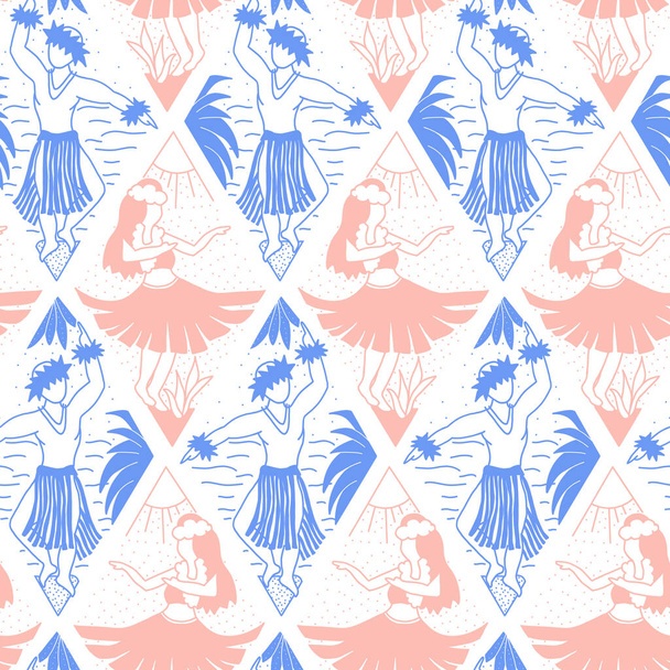 Hula dancer seamless vector pattern. Hula girls and dancing men repeating background. Geometric line art style. Hand drawn Hawaiian pattern in ikat rhombus shapes for fabric, wallpaper, Hawaii decor - ベクター画像