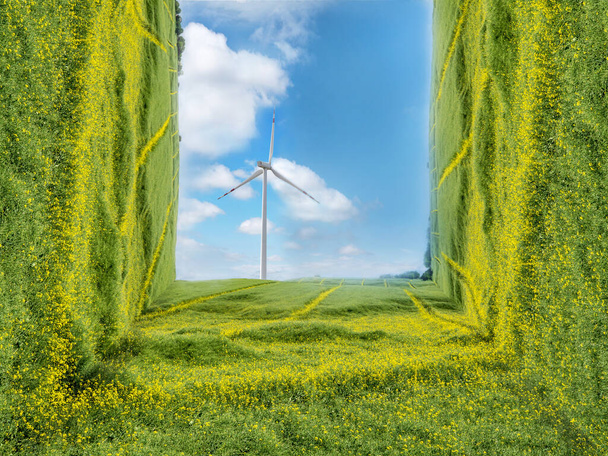 Fantaisie flexion perspective effet de champ vert avec générateur d'énergie éolienne et ciel bleu - Photo, image