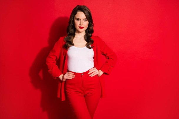 Photo of shiny fancy gorgeous lady put hands waist wear pants isolated over red bright color background - Fotoğraf, Görsel