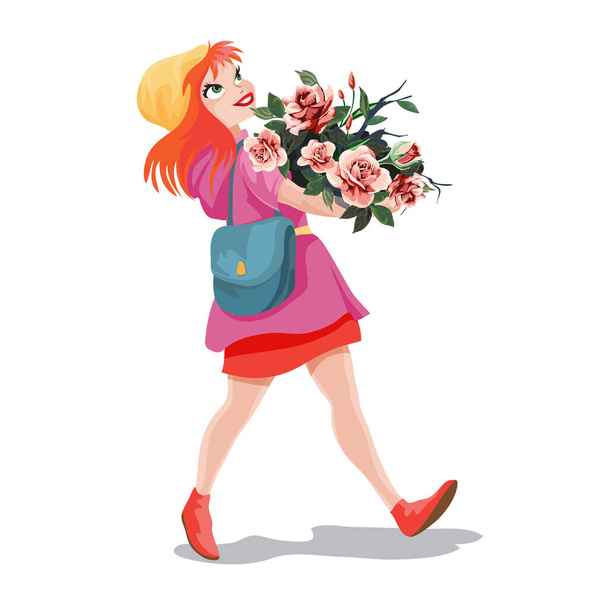 Valentines day greeting card. A cute cheerful girl in red hair walks and carries a huge bouquet of flowers in her hands. Girl character on white background. Isolated,vector illustration - Vector, Image