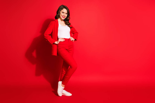 Full size photo of chic stunning gorgeous lady stand empty space put hands waist isolated over bright red color background - Zdjęcie, obraz