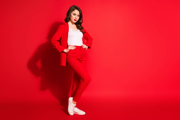 Full body photo of magnificent lovely shiny lady put hands on waist isolated over bright red color background - Zdjęcie, obraz