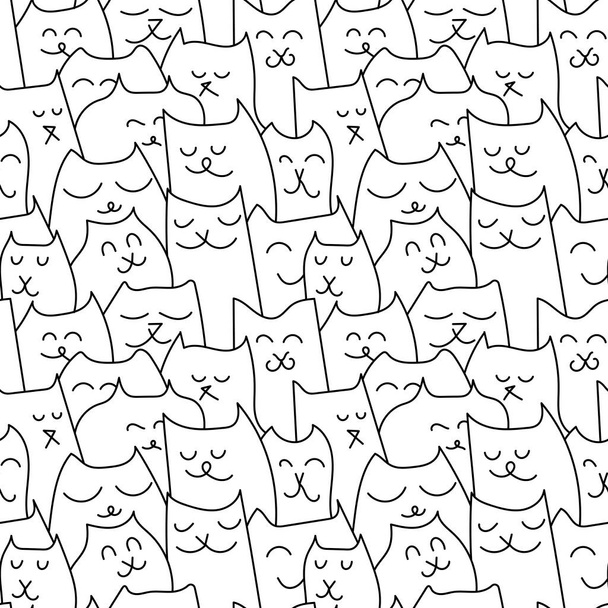 Cat face, seamless pattern. Black andwhite animals, cute cats . Hand drawn vector background. - Vector, Imagen