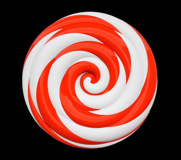 Спиральный красный и белый леденец крупным планом на черном фоне. 3D рендеринг и 3D иллюстрация. - Фото, изображение