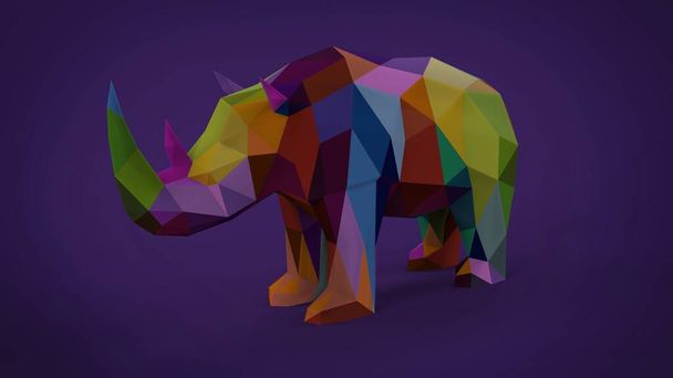 Niski poli trójkąt miękki kolorowy nosorożec zwierzę izoleted na miękkim fioletowym tle 3d renderowania obrazu - Zdjęcie, obraz