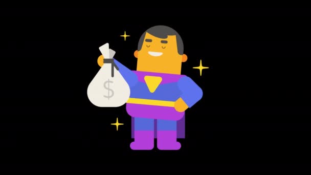 Superhero tient un gros sac d'argent et sourit. Canal alpha. Animation en boucle. Animation de caractères - Séquence, vidéo
