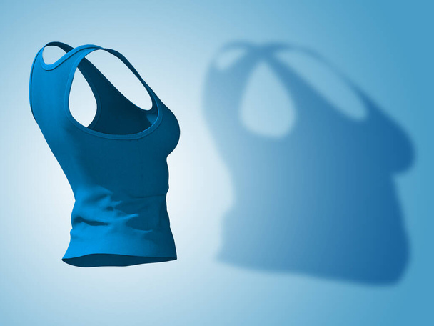 Conceptual grasa sobrepeso obesidad sombra femenina camiseta vs slim fit cuerpo sano después de la pérdida de peso o dieta delgada mujer joven en azul. Una forma de salud de fitness, nutrición u obesidad Ilustración 3D - Foto, imagen