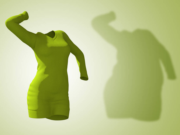 Conceptuel graisse surcharge pondérale obèse ombre femme pull robe vs slim fit corps sain après la perte de poids ou le régime alimentaire mince jeune femme sur vert. Une forme de forme physique, nutritionnelle ou obésité Illustration 3D - Photo, image