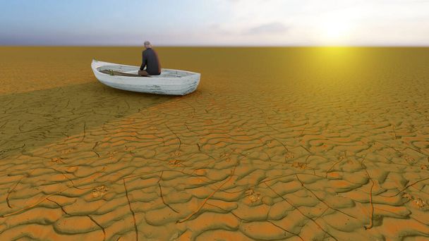 Concept of conceptueel woestijnlandschap met een man in een boot als metafoor voor de opwarming van de aarde en klimaatverandering. Een waarschuwing voor de noodzaak om ons milieu en toekomstige 3d illustratie te beschermen - Foto, afbeelding