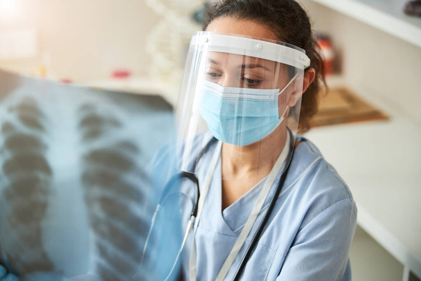 Serious female medic examining a chest x-ray - Foto, Imagen