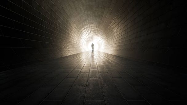 Концепція або концептуальний темний тунель з яскравим світлом в кінці або на виході як метафора успіху, віри, майбутнього або надії, чорний силует ходьби людини до нової можливості або свободи 3d ілюстрація
 - Фото, зображення