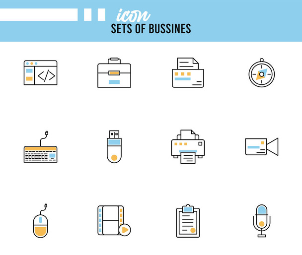 bundel van twaalf business techno set iconen en belettering - Vector, afbeelding
