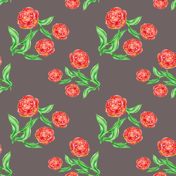 Watercolor flowers and leaves seamless pattern. Peonies, roses and leaves bouquets on dark background. Floral texture design. Beautiful botanical illustration for wallpaper, textile, wrapping, cards - Foto, Imagen