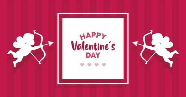 happy valentines day lettering card with cuupid angels in square frame - Vector, Image