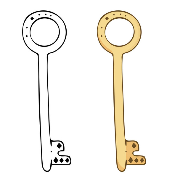 Round golden yellow key. Vector doodle illustration isolated on white background - Vetor, Imagem