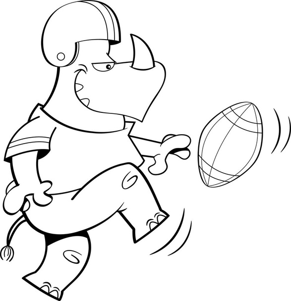 Schwarz-weiße Illustration eines Nashorns in Fußballuniform, das einen Fußball kickt. - Vektor, Bild