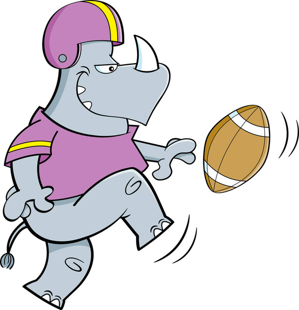 Ilustración de dibujos animados de un rinoceronte con un uniforme de fútbol pateando un balón. - Vector, Imagen