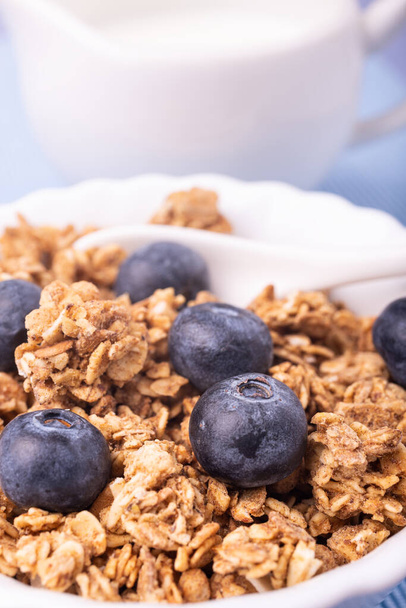 in the foreground, healthy breakfast with crunchy wholemeal muesli of barley and oats, blueberries and fresh milk. - Fotoğraf, Görsel