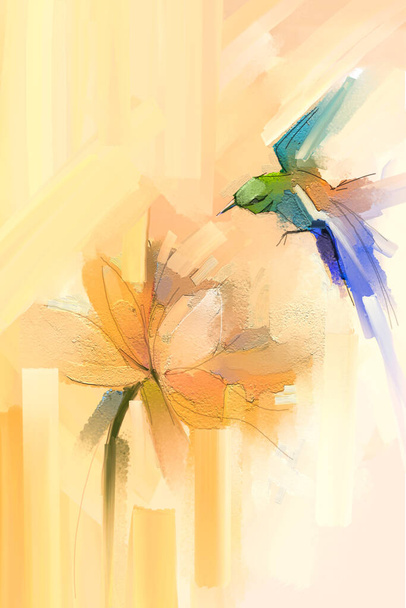 Arte abstracto, pintado a mano al óleo de colores, pintura acrílica de aves volando sobre flor de loto. Ilustración mano pintura flor floral en verano, temporada de primavera, imagen de la naturaleza para el fondo de pantalla o fondo - Foto, Imagen