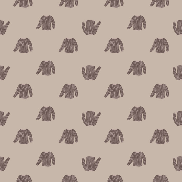 Pale tones seamless pattern with little knitted sweaters ornament. Grey colored background. Vector illustration for seasonal textile prints, fabric, banners, backdrops and wallpapers. - Vector, Image