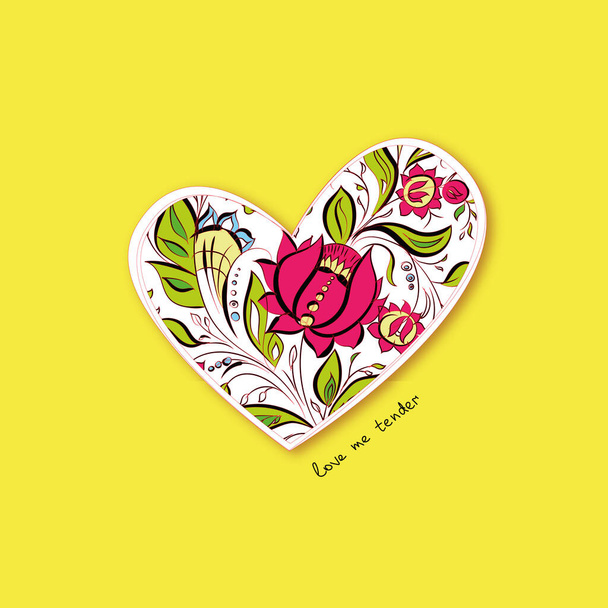 cuore con ornamento floreale. bella cartolina per San Valentino con la frase amatemi teneramente - Vettoriali, immagini