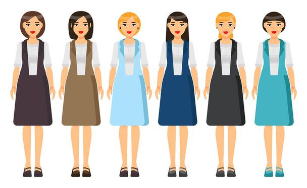 Set of businesswomen wearing stylish different clothes, haircuts, accessories, shoes, dresscode - Vector, Image