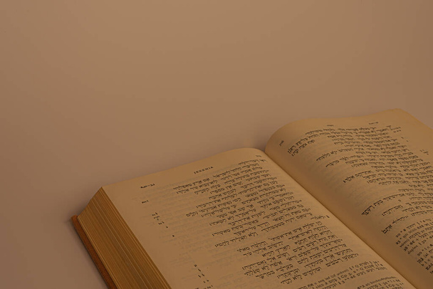 Kirjan leviäminen heprean Raamatusta pehmeässä valossa valkoisella pohjalla, Tanska, 20. tammikuuta 2021 - Valokuva, kuva