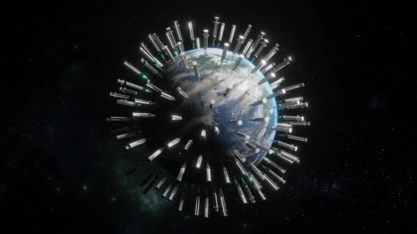 Concepto de vacunación ilustrado en el plano de arte de visualización 3D de la Tierra plagada de jeringas médicas en el espacio abierto. Concepto mundial de vacuna contra la pandemia covid. Inyección épica anti-vacunación en 4k - Metraje, vídeo