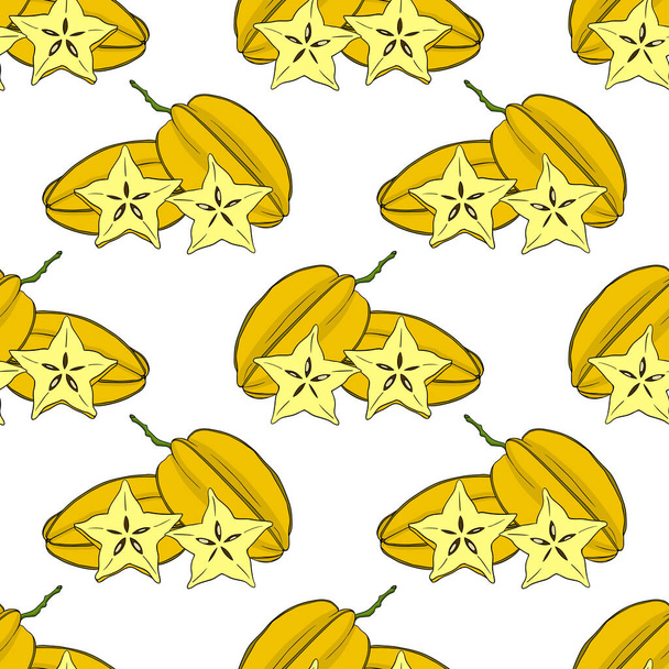   Seamless pattern with exotic tropical carambola fruits. Hand drawn fresh tropical plant illustration. Sketch style carambola seamless pattern. Organic fresh fruit vector illustration - Photo, Image