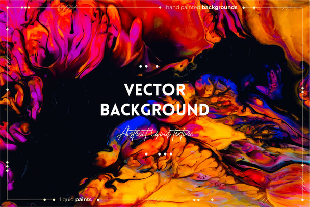 Fluid art texture. Abstract background with swirling paint effect. Liquid acrylic artwork with artistic mixed paints. Can be used for baner or wallpaper. Orange, black and blue overflowing colors. - Vektori, kuva