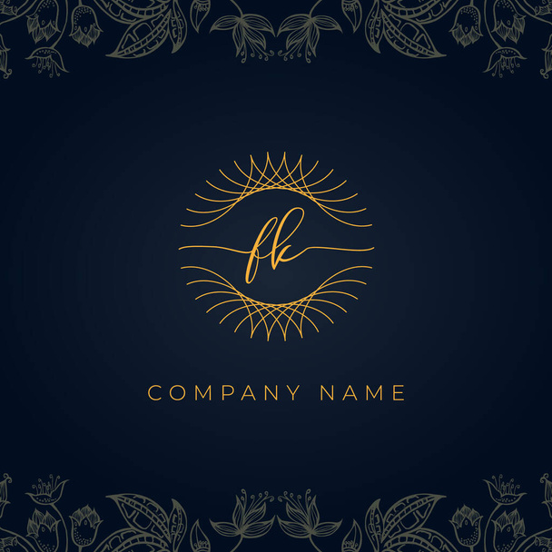 Elegant luxury letter FK logo. This icon incorporate with abstract rounded thin geometric shape in floral background.It will be suitable for which company or brand name start those initial. - Vector, Image