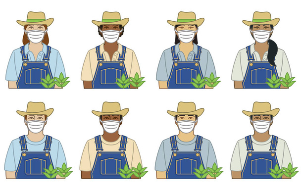 diversidade, raça, etnia do agricultor, feminino e masculino vestindo máscara médica protetora como conceito de trabalhador essencial para 2019 romance coronavirus, COVID-19, isolado em fundo branco - Vetor, Imagem