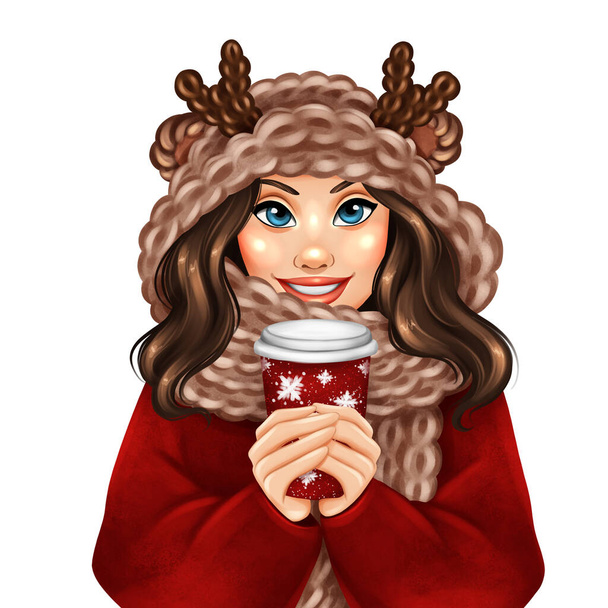 Krásná dívka v zimním klobouku pije kávu. Ručně kreslená módní ilustrace - Fotografie, Obrázek