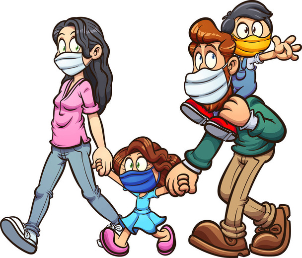 Famiglia indossa maschere viso cartone animato. Illustrazione di clip art vettoriale con semplici gradienti. Tutto su un unico strato - Vettoriali, immagini