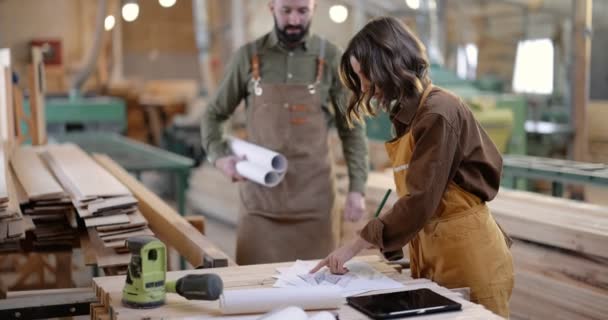 Εργάτες ξυλουργικής που σχεδιάζουν στο ξυλουργείο - Πλάνα, βίντεο