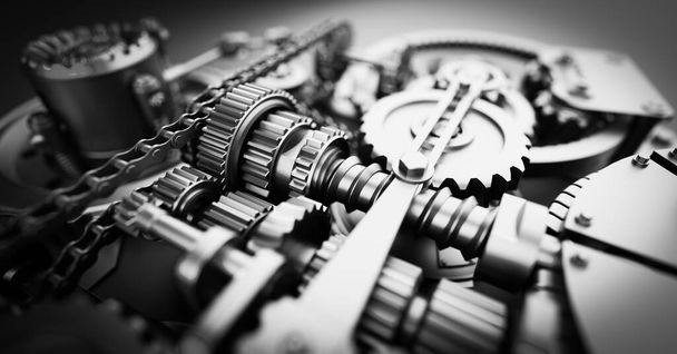 Mechanismus ozubení a kol. Průmyslový stroj, motor. Makro detailu. Černobílá 3D ilustrace - Fotografie, Obrázek