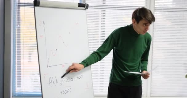  Un employé de bureau affiche un rapport sur un tableau à feuilles mobiles en ligne - Séquence, vidéo