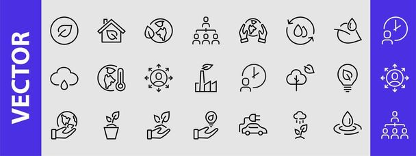 ECOLOGY ikonok, vektorvonalak tartalmaz olyan ikonok, mint egy elektromos autó, globális felmelegedés, erdő, öko, öntözőnövények, növények és még sok más. Szerkeszthető stroke, ökológia. - Vektor, kép