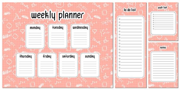 Planificador semanal, Para hacer lista, Notas, Lista de deseos en patrón matemático rosa y blanco, que consta de fórmulas y formas simples, sonrisa y símbolo del corazón - Vector, imagen