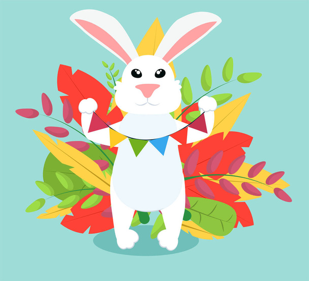  un lapin de Pâques avec des drapeaux dans ses pattes sur un fond de feuillage coloré. Illustration pour une joyeuse Pâques - Vecteur, image