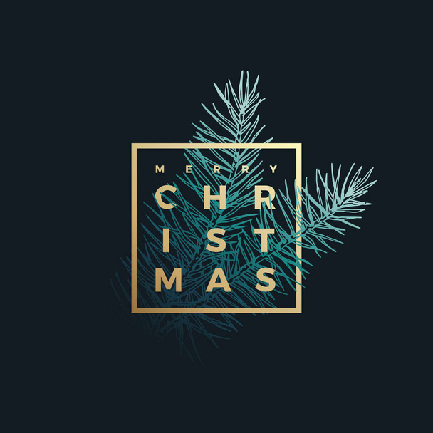 Merry Christmas Abstract Vector Classy Label, Sign or Card Template. Hand Drawn Fir-Needle Spruce Branch Illustration with Golden Framed Typography. Premium Holiday Greetings Background - Vector, imagen